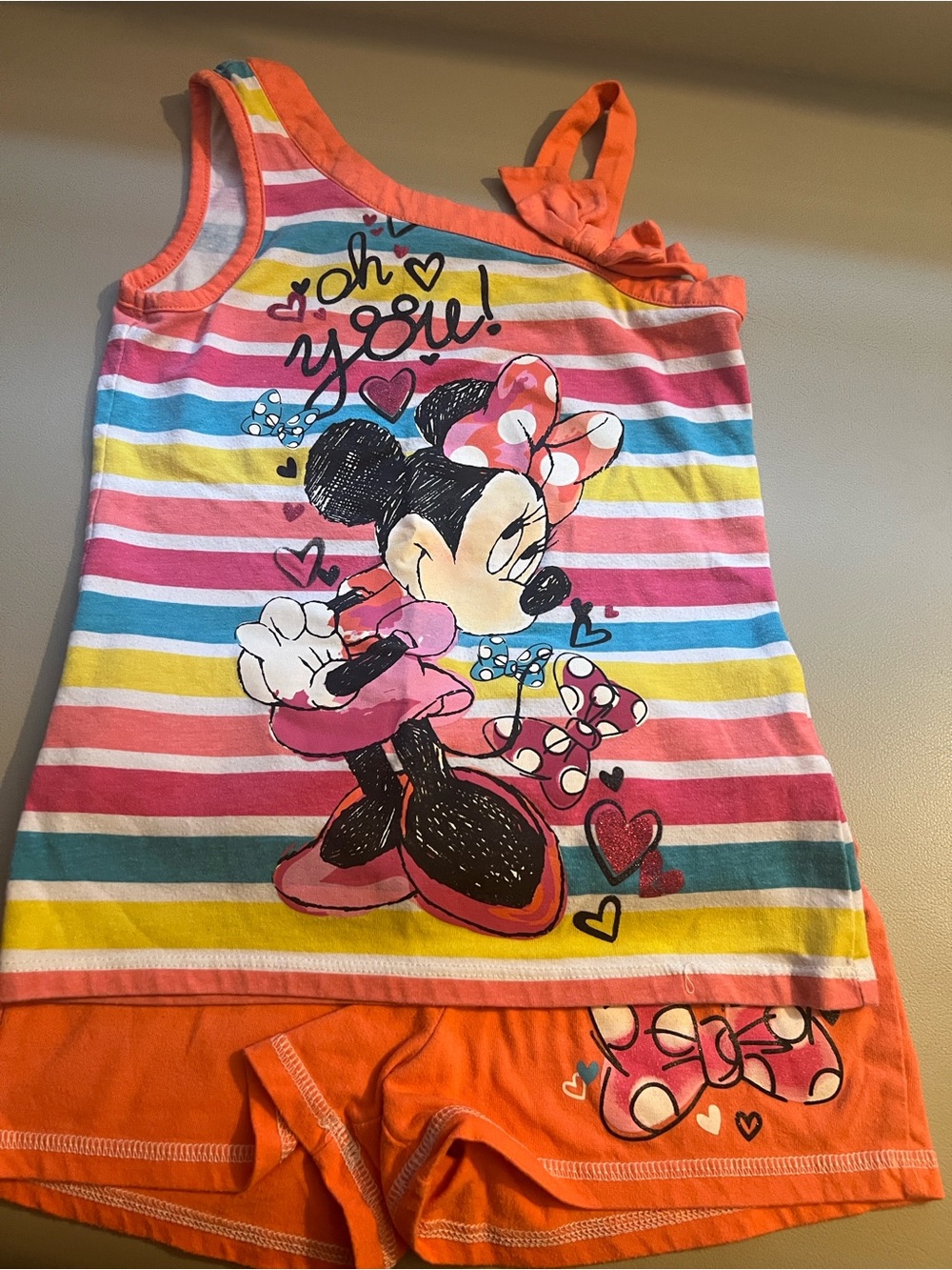 Disney Girls Minnie Mouse Coral Pink Multi-Color Stripe Matching Set